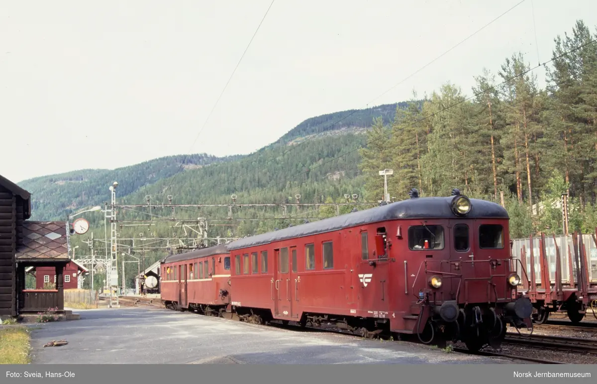 Styrevogn BFS 6775 og elektrisk motorvogn BM 6717 med persontog til Skien N, tog 583, på Tinnoset stasjon