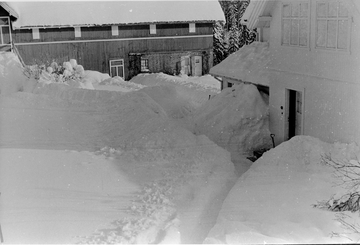 Fra Granheim, snøvinteren 1951. Det er gravd tuneller mellom husene.