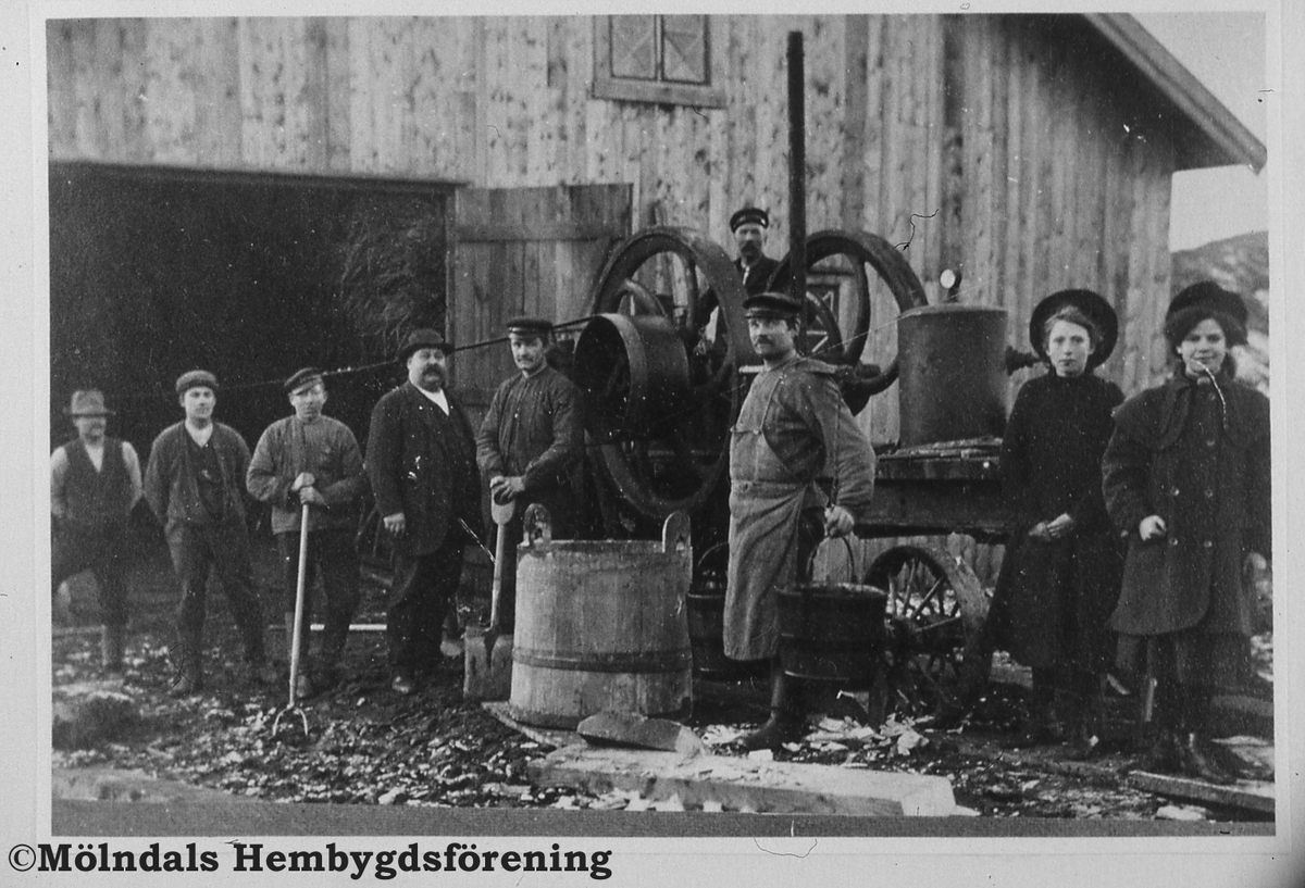 Ryttargården 1 i Eklanda, Mölndal, år 1910. Tröskning innan elen kom till gården. Det gick åt mycket vatten till den store ångmaskinen. Fjärde från vänster, Birger Hamrén. Flickorna från vänster: Gerda Hanson (Skoog) och Elsa Hamrén (Vikblad).