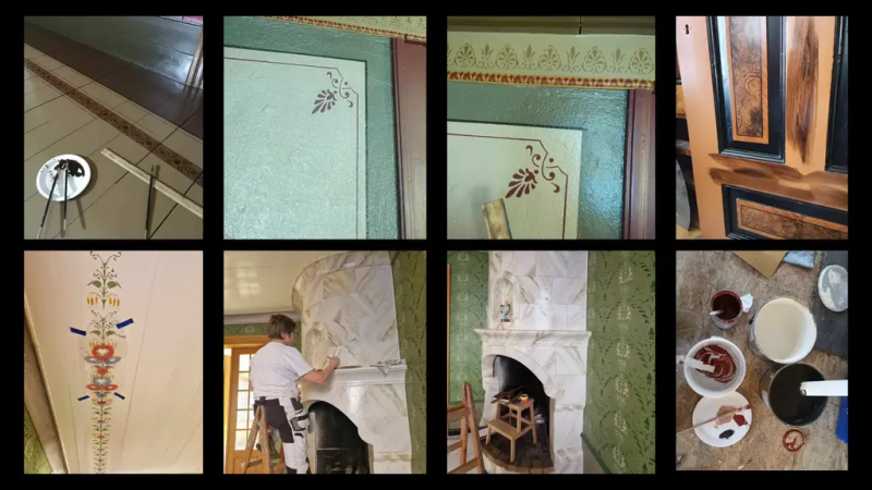 Bildet er et collage av flere bilder. De viser malingsverktøy, sjablongmaling på vegg, ei dame som maler på en peis, ei dør som er under ommaling og malingsspann.