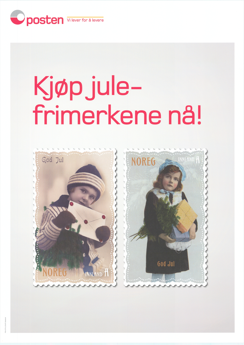 Plakat med motiv av frimerker, tekst og postlogo.