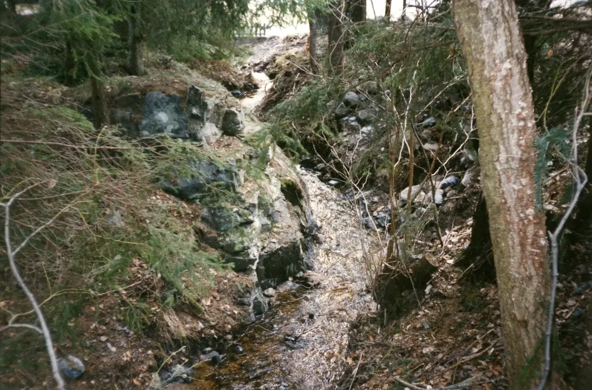 Bäck vid Kroksjöns utlopp, Strömmadal. Bäcken från Kroksjön till Brevikssundet hade här en dammlucka, använd för att reglera vattenflödet till kvarnen vid Strömma gård. Dammluckan sprängdes bort 1989.
