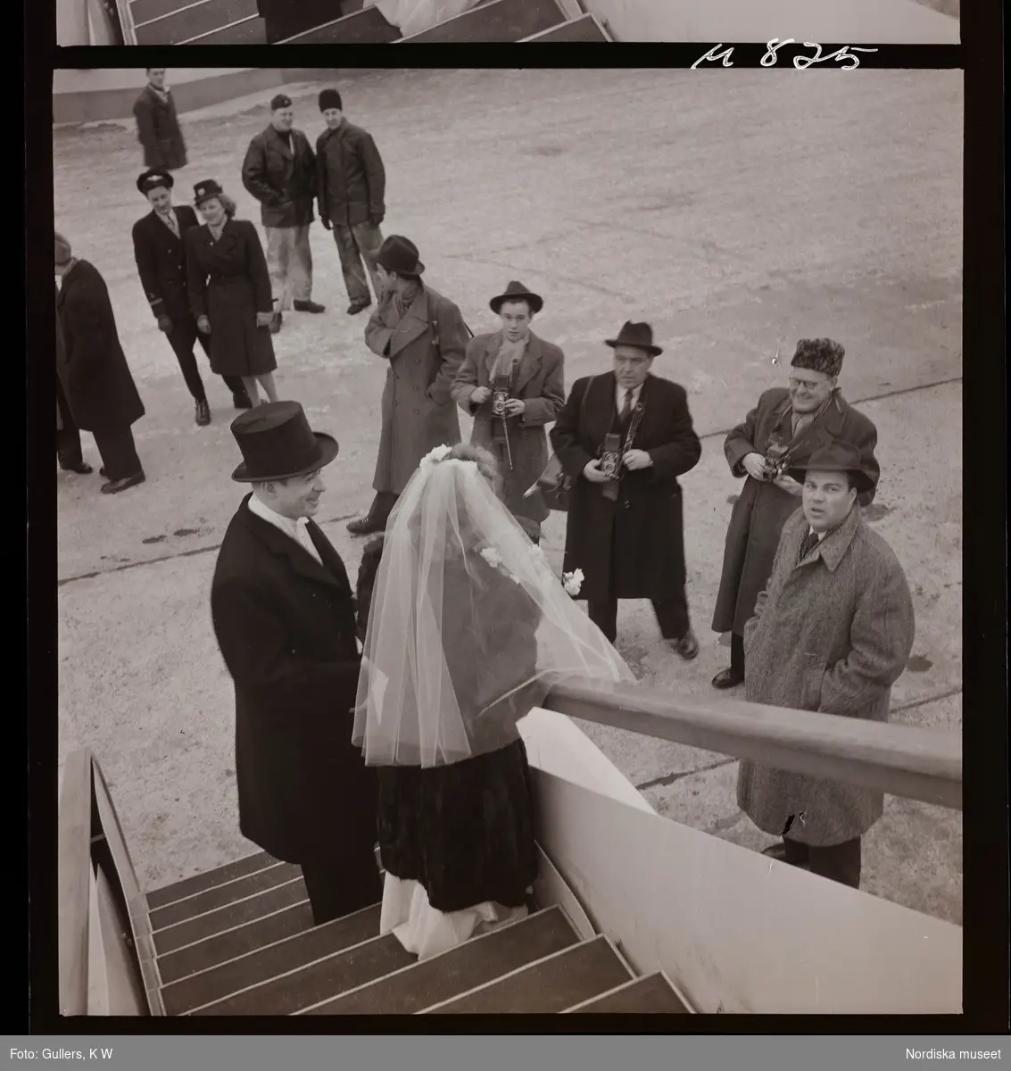 "1680 Bröllop i luften med Abas DC-4 ""Sunnan"" till Paris " Ett brudpar går nedför trappan till ett flygplan. Nedanför väntar fotografer.