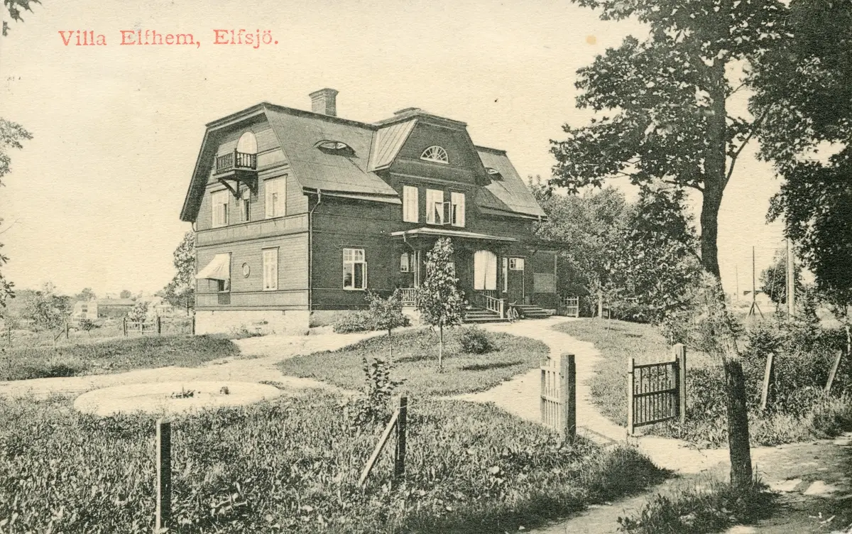 Villa Elfhem, Elvsjö.  ; BHF studiecirkel vt 2016:
Brevkort med födelsedagshälsning. Det använda frimärket utgavs 1910 - 1919.
Adressaten Märta Ottosson, Väderstad är född 1887-08-28.
