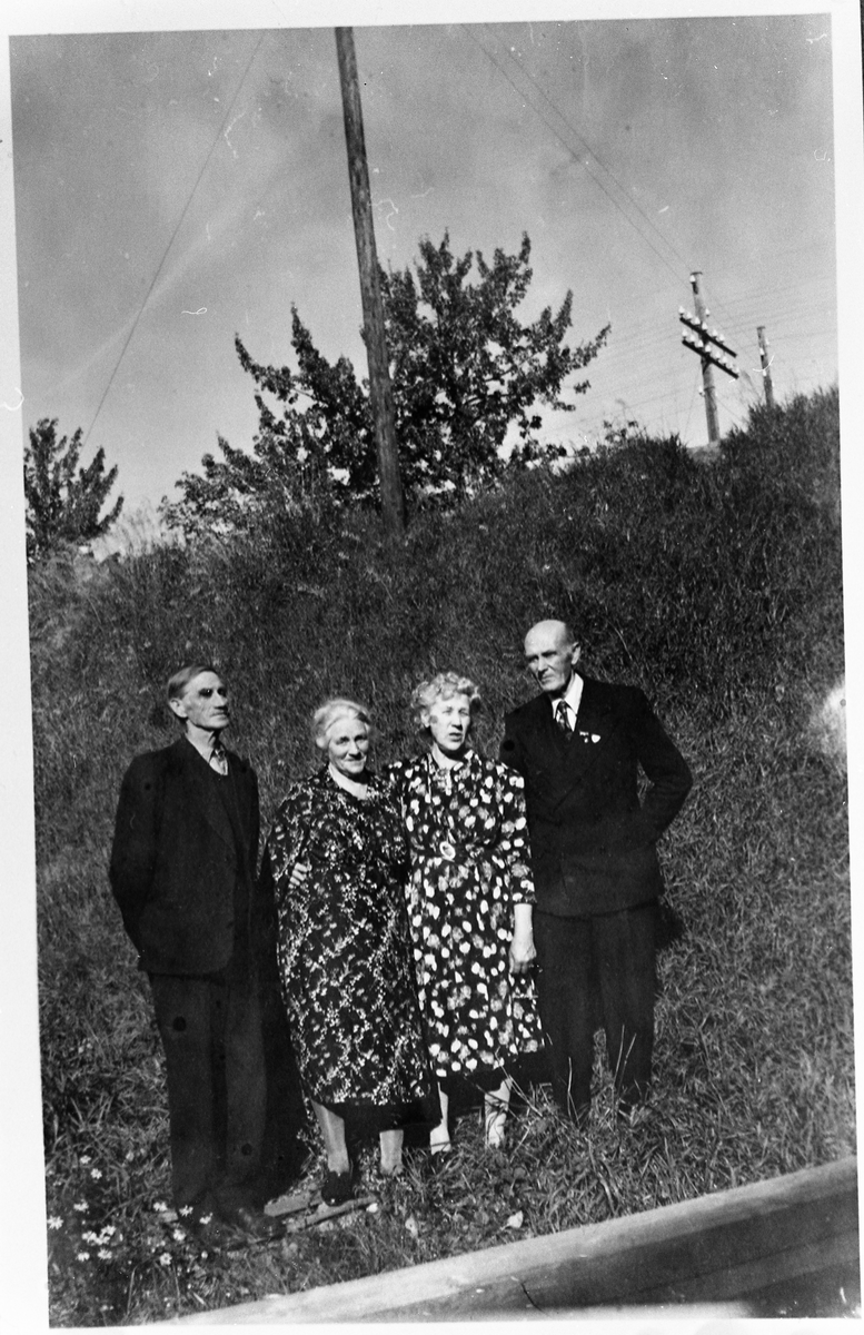 Fra venstre: Albert Kristiansen Hensvold.  De to damene er Agnete Elvsveen og Alberts kone, men vi vet ikke hvem som er hvem.  Ytterst til høyre Anders K. Hensvold.
Bildet er tatt av A. K. Hensvold med selvutløser.