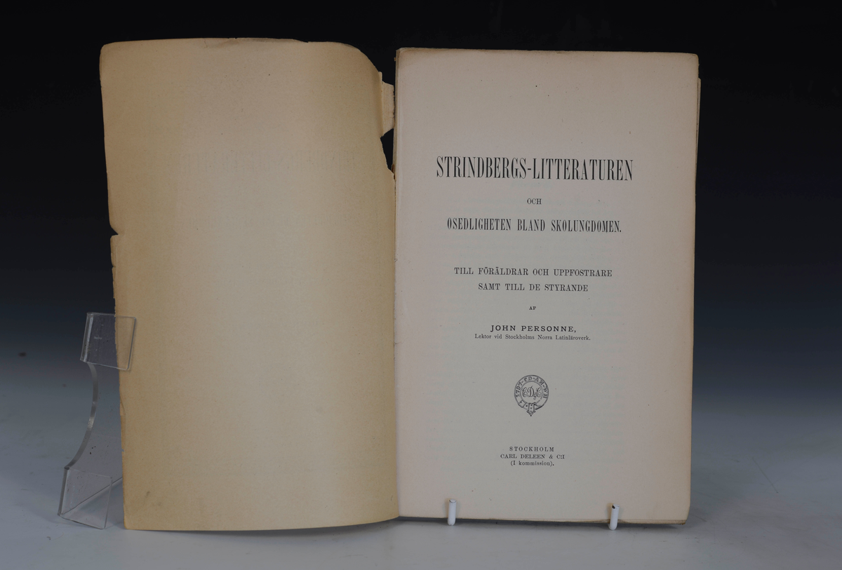 Personne, John. Strindberg-litteraturen och osedligheten bland skoleungdomen. Stockholm (Uppsala) 1897.