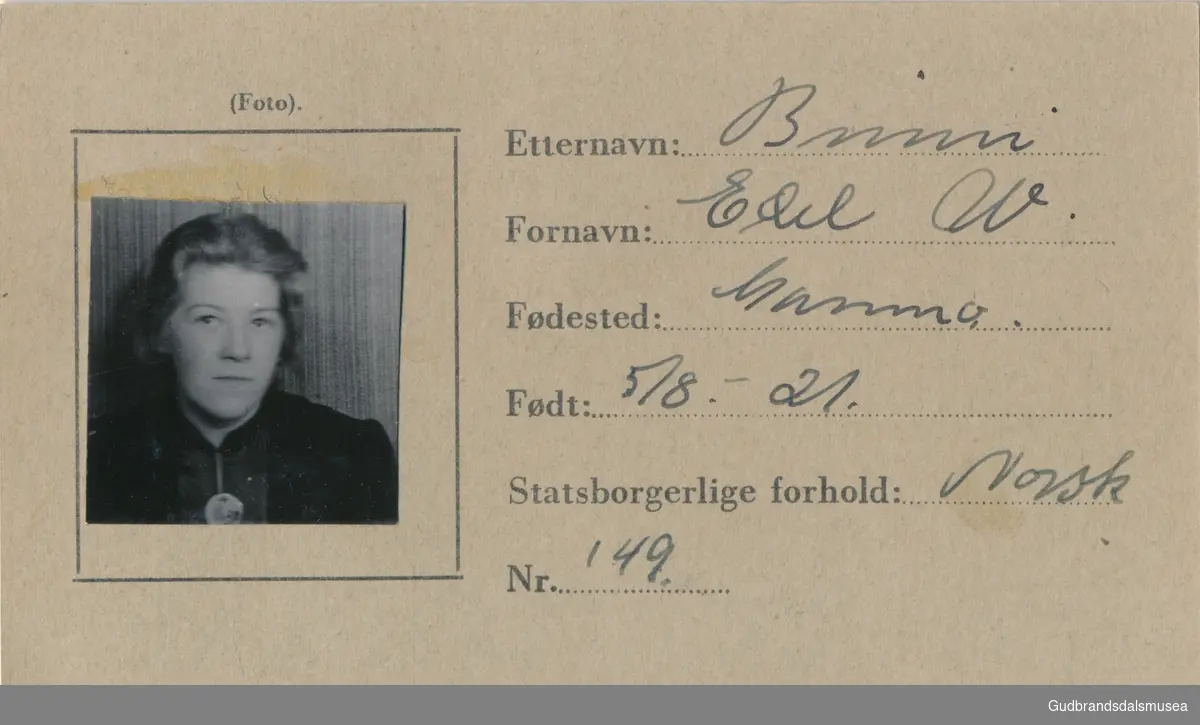 Brimi - Edel f.1921.
ID-kort utstedt 1941, Lom