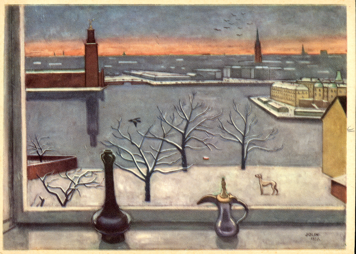 Målning föreställande utsikt mot Stadshuset och Riddarfjärden, Stockholm, av Einar Jolin