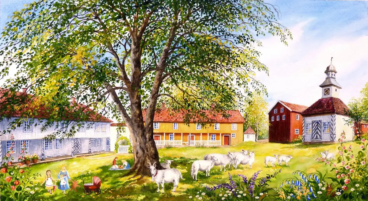 Tunet på Fossesholm Herregård. Akvarell av kunstneren ida Elisabeth.