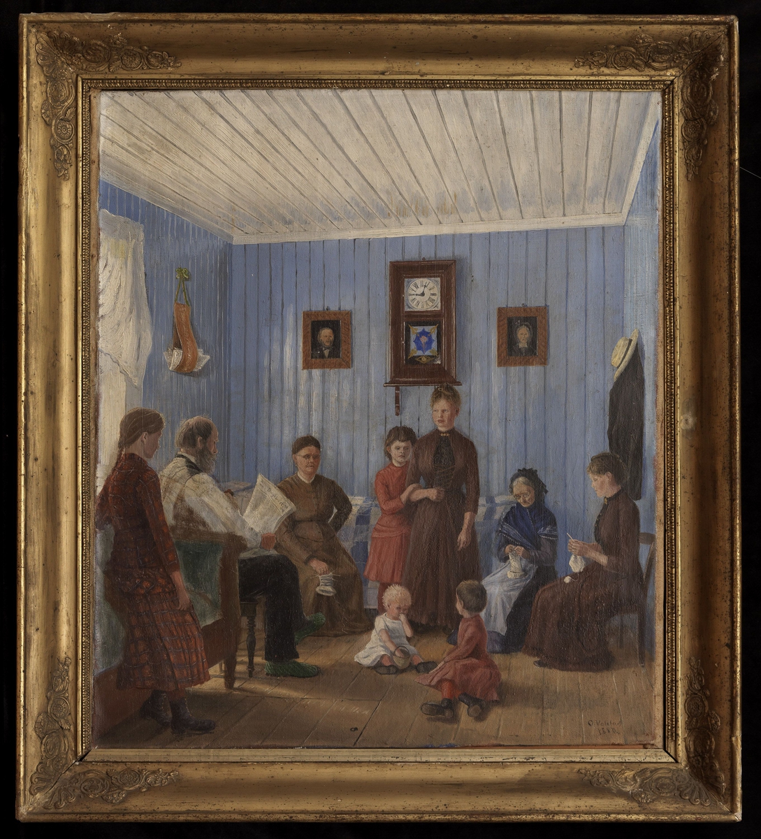 Interiør med O.V.`s familie i hjørnet av et rom med lyseblått panel. 7 figurer i halvsirkel, 2 barn på gulvet, i bakgrunen seng, til venstre del av sofa
