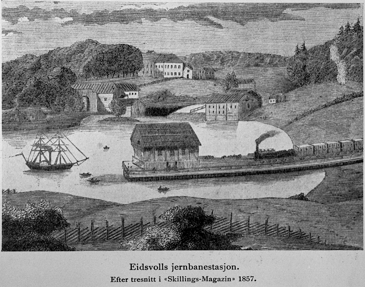 Eidsvoll Bad. Utsikt fra Eidsvoll Bad: Eidsvoll Jernbanestasjon. Etter tresnitt i "Skillings-Magazin" 1857.