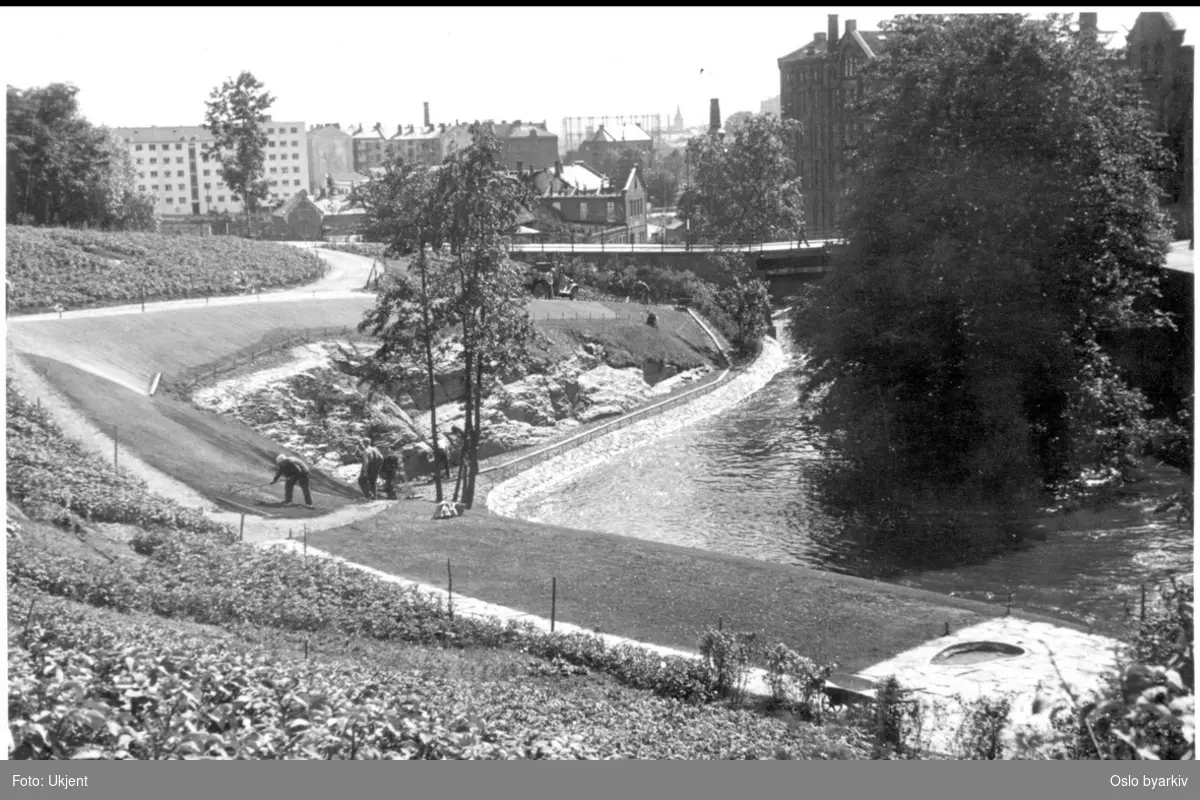 Akerselvas parkbelte sett nordfra ved Vøienfallene. Beierbrua, Graahs spinneri og Hjula veveri til høyre. Østre elvebredd. Like bak brua ses rivingen av Foss bryggeri (1960 tallet).