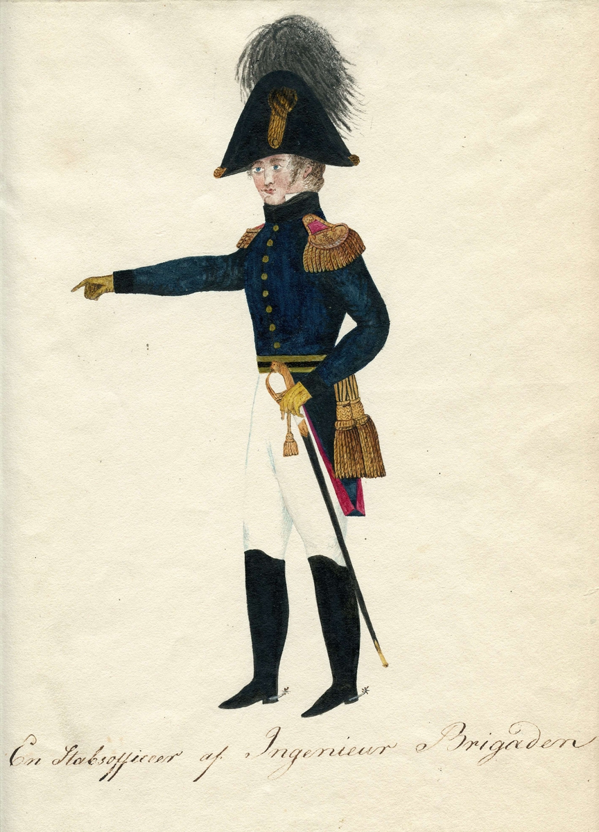 Tegning av stabsoffiser, ingeniørbrigaden, 1818. Tekst: En Stabsofficeer af Ingenieur Brigaden.