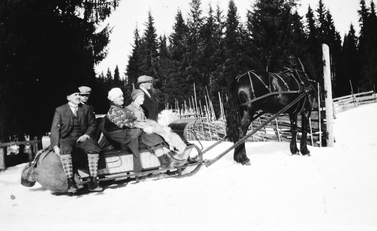 Erik Berntsen og hesten Svarten, hest og slede, hestekjøretøy, ukjente på sleden, ved Rønningen i Nybygda 1929. 