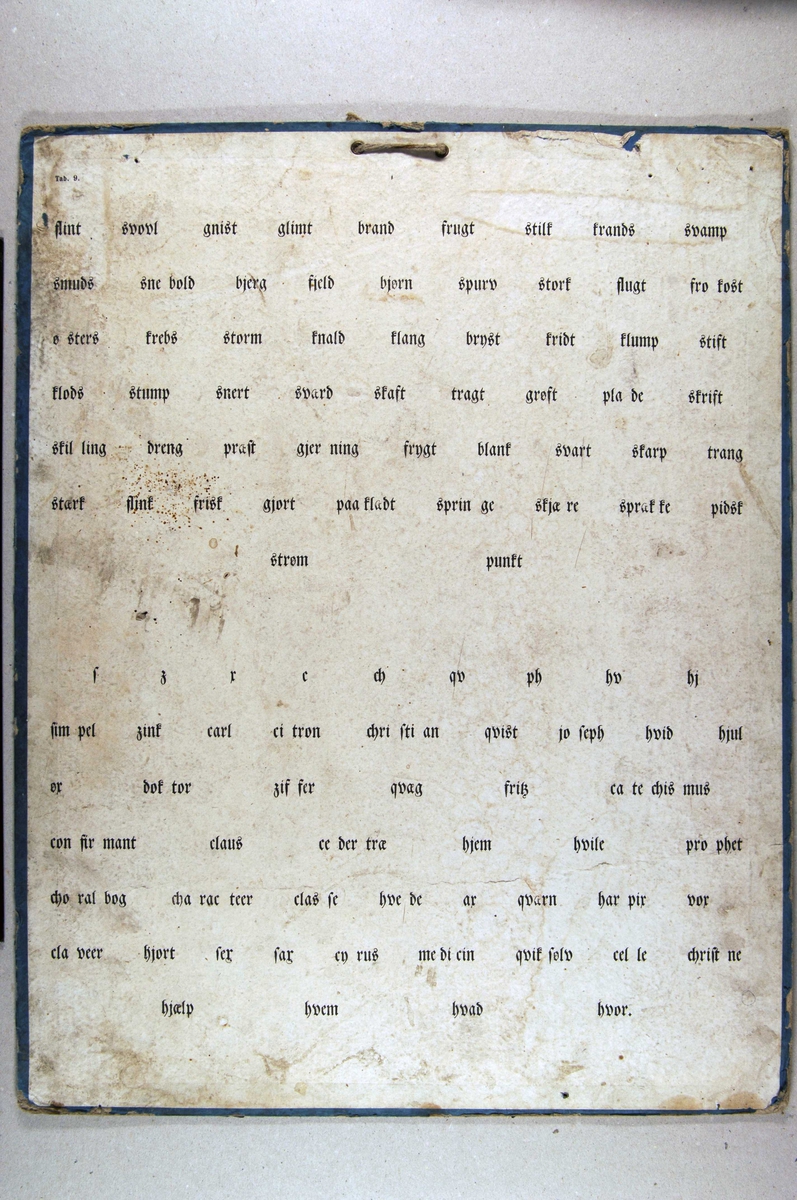 Bokstaver og ord i gotisk skrift, samt tall på siste plansje side.