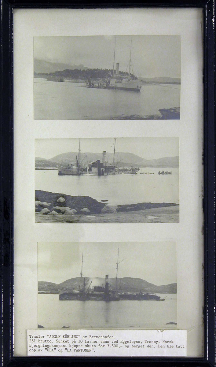 3 fotografier av bergingen av det sunkne skipet        D/S "Adolf Kühling".
