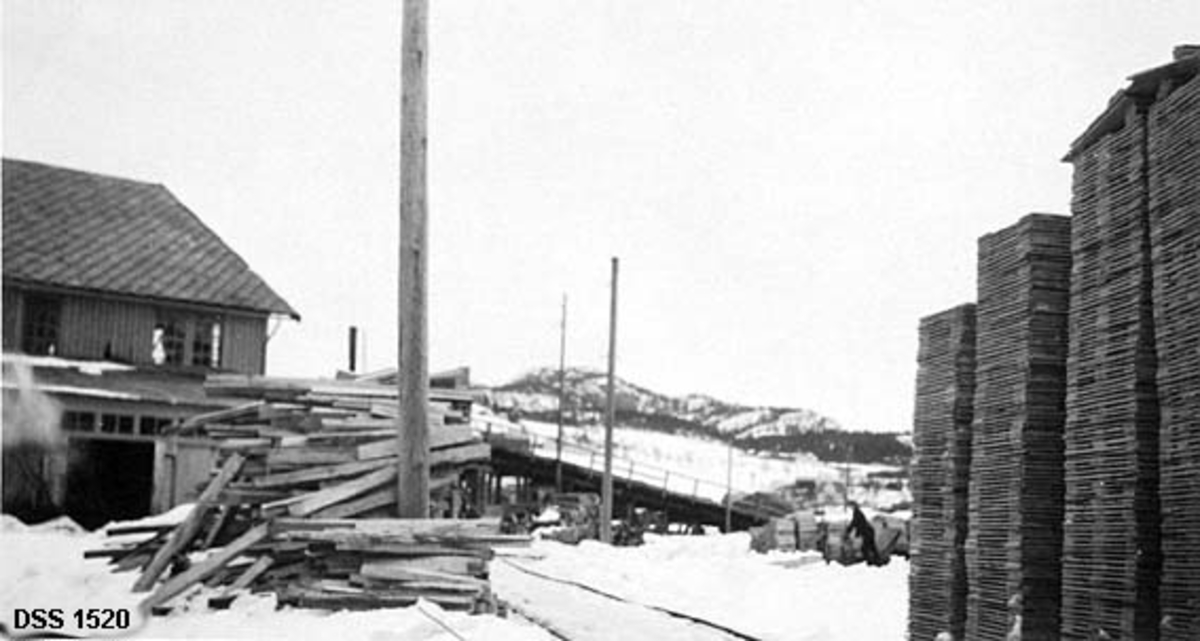 Fra Van Severen & Cos sagbruk i Namsos vinteren 1925.  Til høyre på bildet ses fire høye bordstabler.  Om lag midt på bildet er en masse bordstubb veltet opp mot en stolpe.  Til venstre bak dette skimtes enden på en sagbruksbygning.  Om lag midt på bildet går et skråplan opp mot gavlen på bygningen.  Dette er kjerraten til saga. 