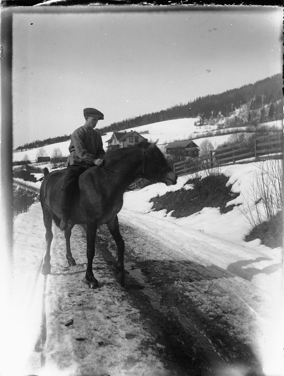 Ringsaker, Veldre Løken østre gård, ukjent stallkar med hest langs vegen i Løkendalen,