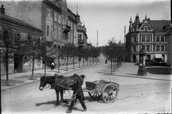 JERNBANEPLASSEN, PARKGATA I HAMAR, MANN KJØRER HEST MED STUT