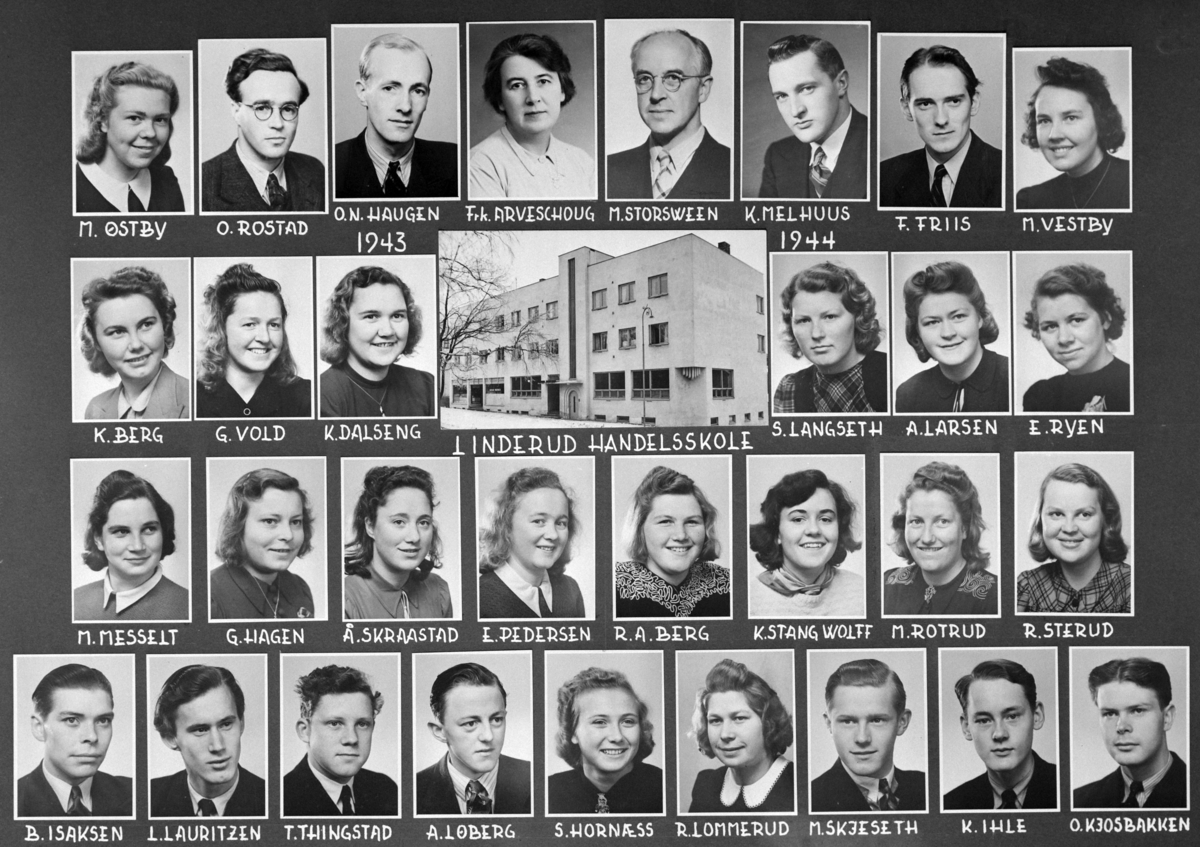 Stor gr: skoleelever, montasje, Linderud handelsskole, Hamar. 1943-44. 

Øverst fv: M. Østby, O. Rostad, O. N. Haugen, frøken Arveschoug, M. Storsween, K. Melhuus, F. Friis, M. Vestby. 
2. rekke fv: K. Berg, G. Vold, K. Dalseng, S. Langseth, A. Larsen, E. Ryen. 
3. rekke fv: M. Messelt, G. Hagen, Å Skraastad, E. Pedersen, R. A. Berg, K. Stang Wolff, M. Rotrud, R. Sterud. 
Nederst fv: B. Isaksen, L. Lauritzen, T. Thingstad, A. Løberg, S. Hornæss, R. Lommerud, M. Skjeseth, K. Ihle og O. Kjosbakken. 