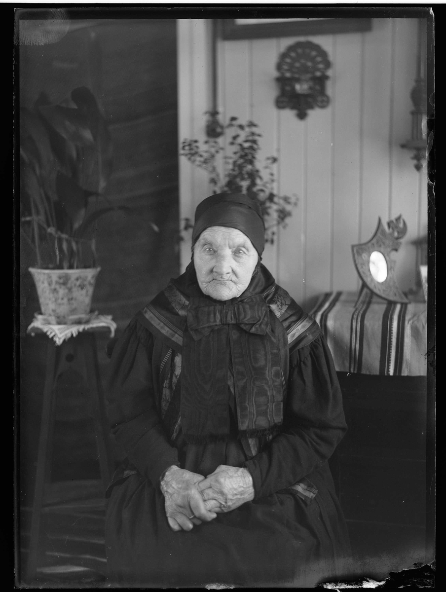 Portrett av eldre kvinne i tradisjonelle klær fra rørosdistriktet. I stueinteriør