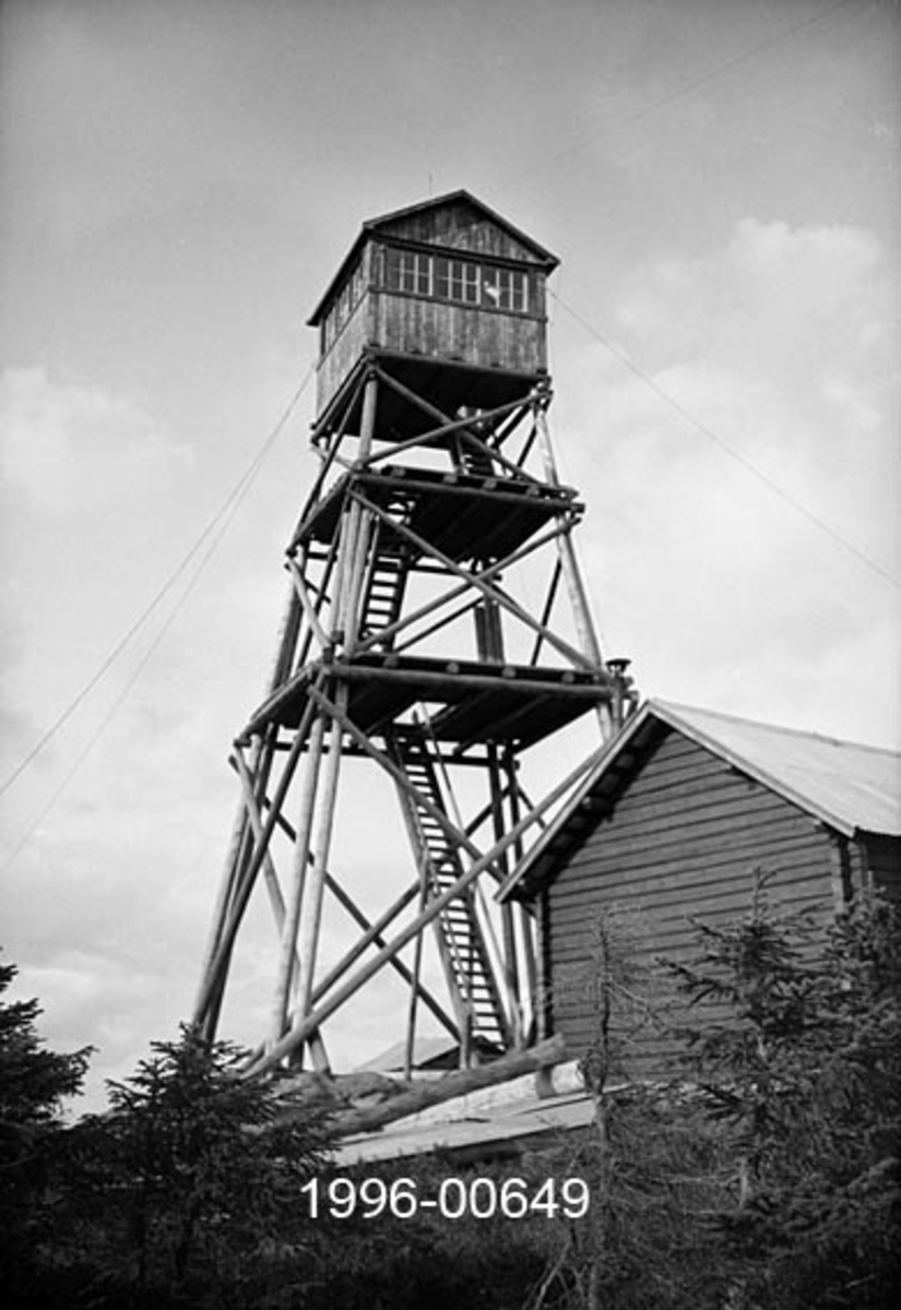 Blåenga skogbrannvakstasjon i Våler i Hedmark.  Stasjonen ligger 626 meter over havet.  Det første anlegget her ble reist av lokale skogeiere i 1907, men det tårnet som vises på fotografiet er antakelig det andre, som ble reist med støtte fra forsikringsselskapet Skogbrand i 1933.  Dette ble seinere (1951) erstattet av et ståltårn. 

Tårnet på fotografiet er en bratt pyramidal stolpekonstruksjon med kryssavstivinger i tre nivåer.  Mellom hvert nivå er den en plattform med stige som fører videre oppover mot utkikkshytta på toppen.  Dette er en bordkledd bindingsverkskonstruksjon med tettstilte vinduer i alle himmelretninger og saltak. Til høyre for tårnet ses gavlen på et enetasjes laftehus med taltak. 