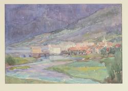 Landskap med hus og mennesker [Akvarell]