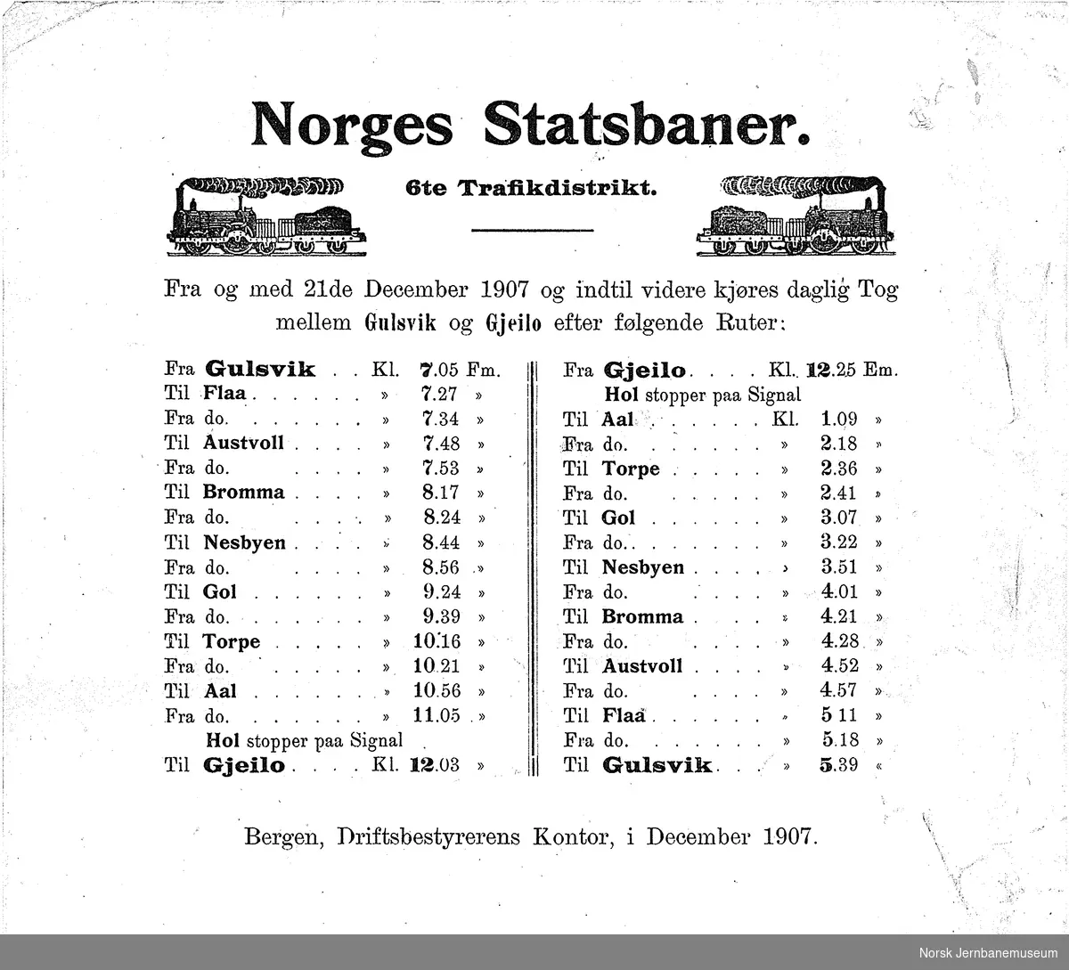 Ruteoppslag Gulsvik-Geilo fra 21.12.1907