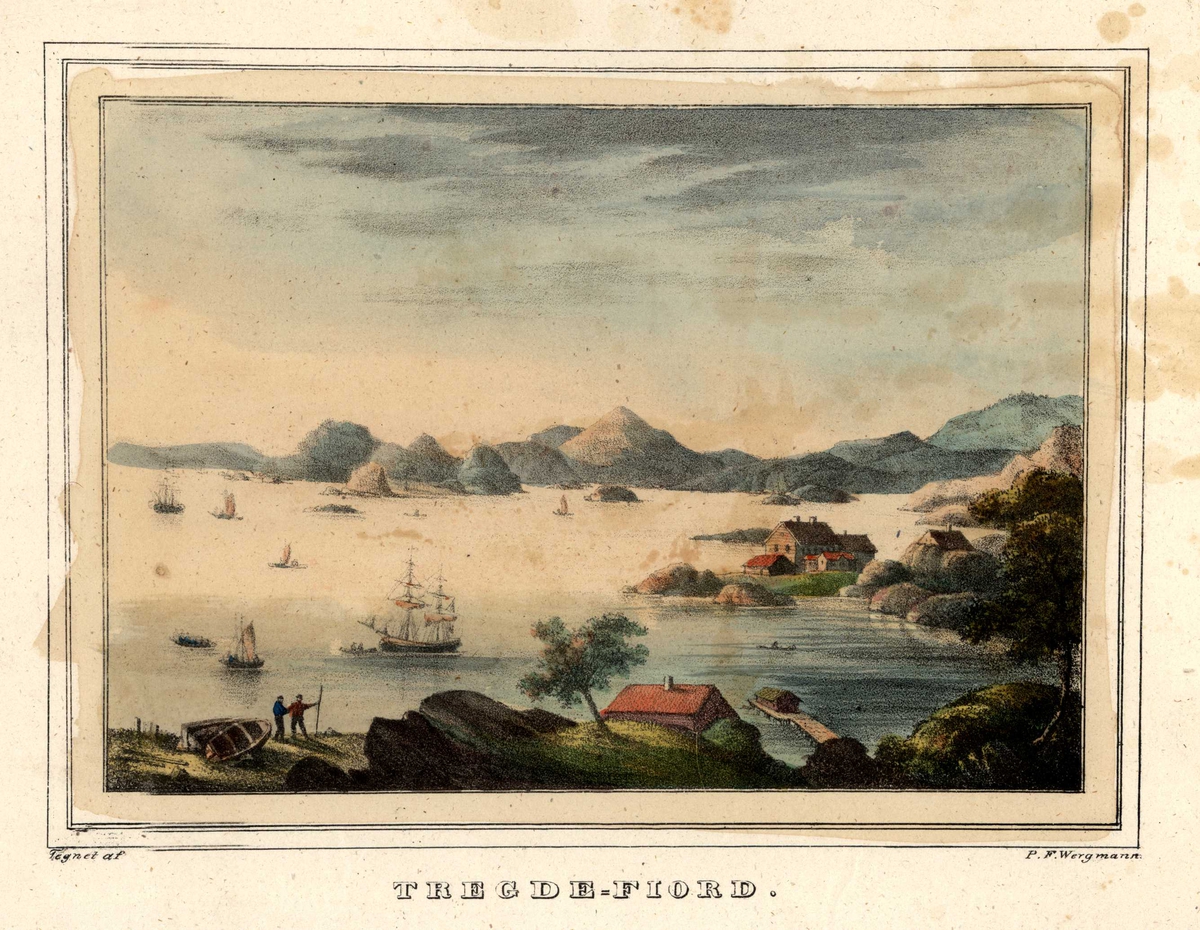 Kystlandskap fra Tregdefjorden med bebyggelse og seilskuter