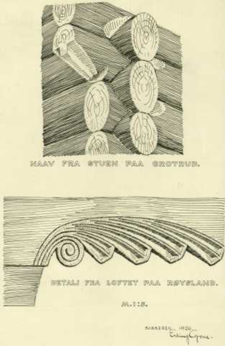 Erling Gjones tegning (1926) av stabbe og detaljer fra loftet på Røysland. Nore og Uvdal, Buskerud. Nåv fra stuen på Grotrud, Nore og Uvdal, Buskerud.
