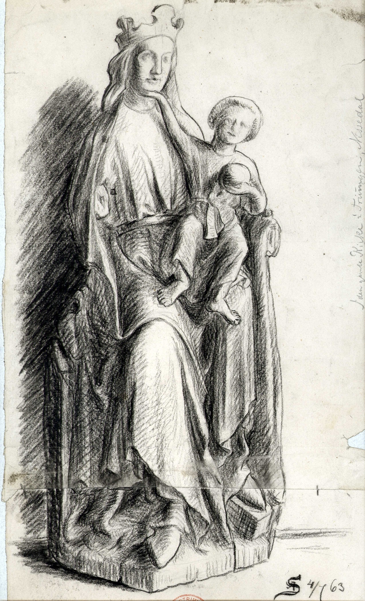 August Schneiders tegning (1863) av skulptur av Maria med barnet, Treungen kirke, Nissedal, Telemark.