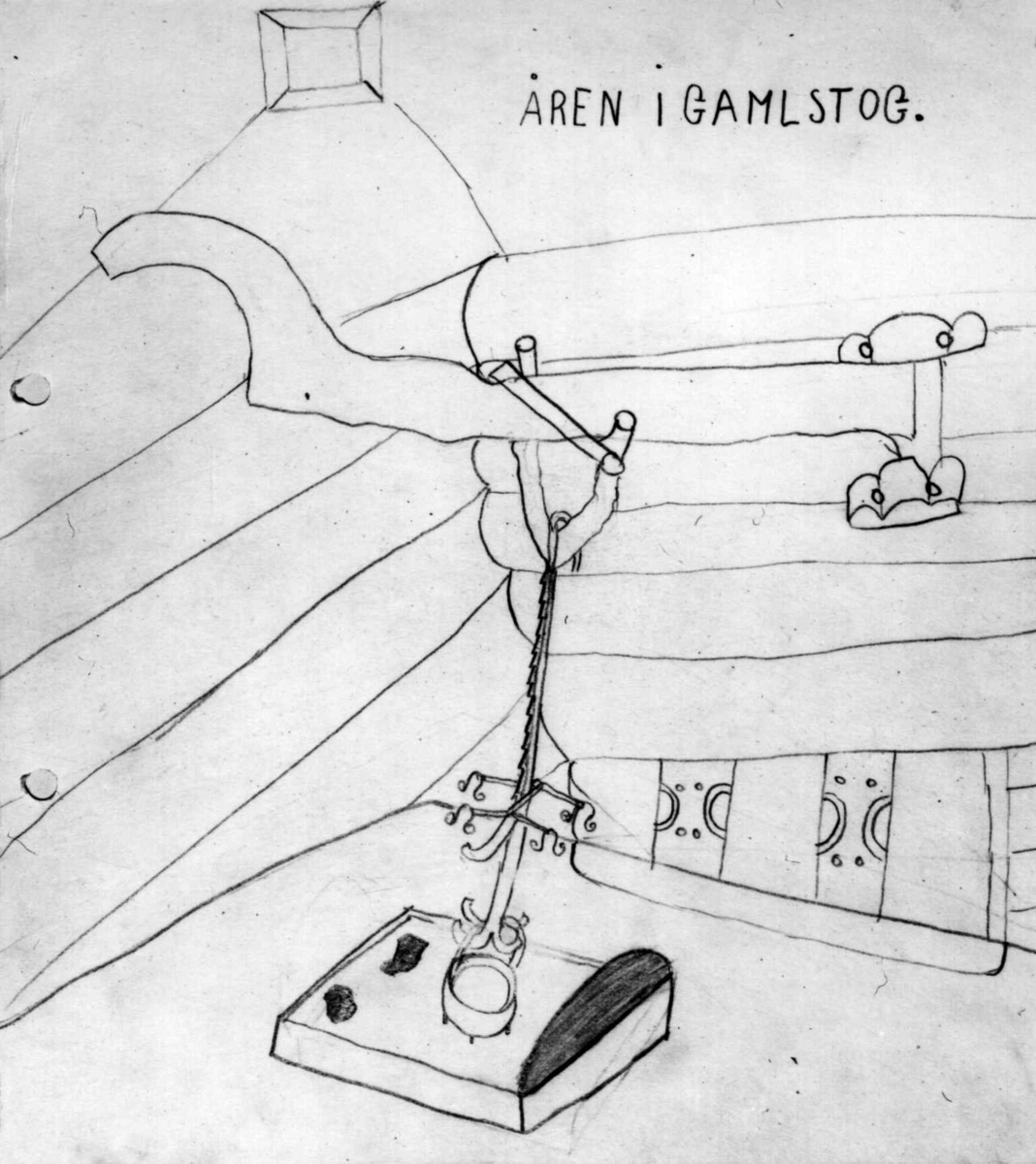 Åmlidstua fra Valle i Setesdal, tegnet av elev i 4. klasse. Brukt som illustrasjon i By og Bygd, 1942.