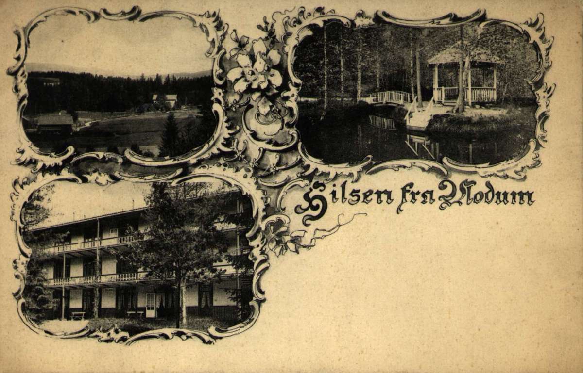 Postkort. Tre forskjellige motiver fra Modum. Påskrevt bak på postkortet "Brukt i 1890 åra".