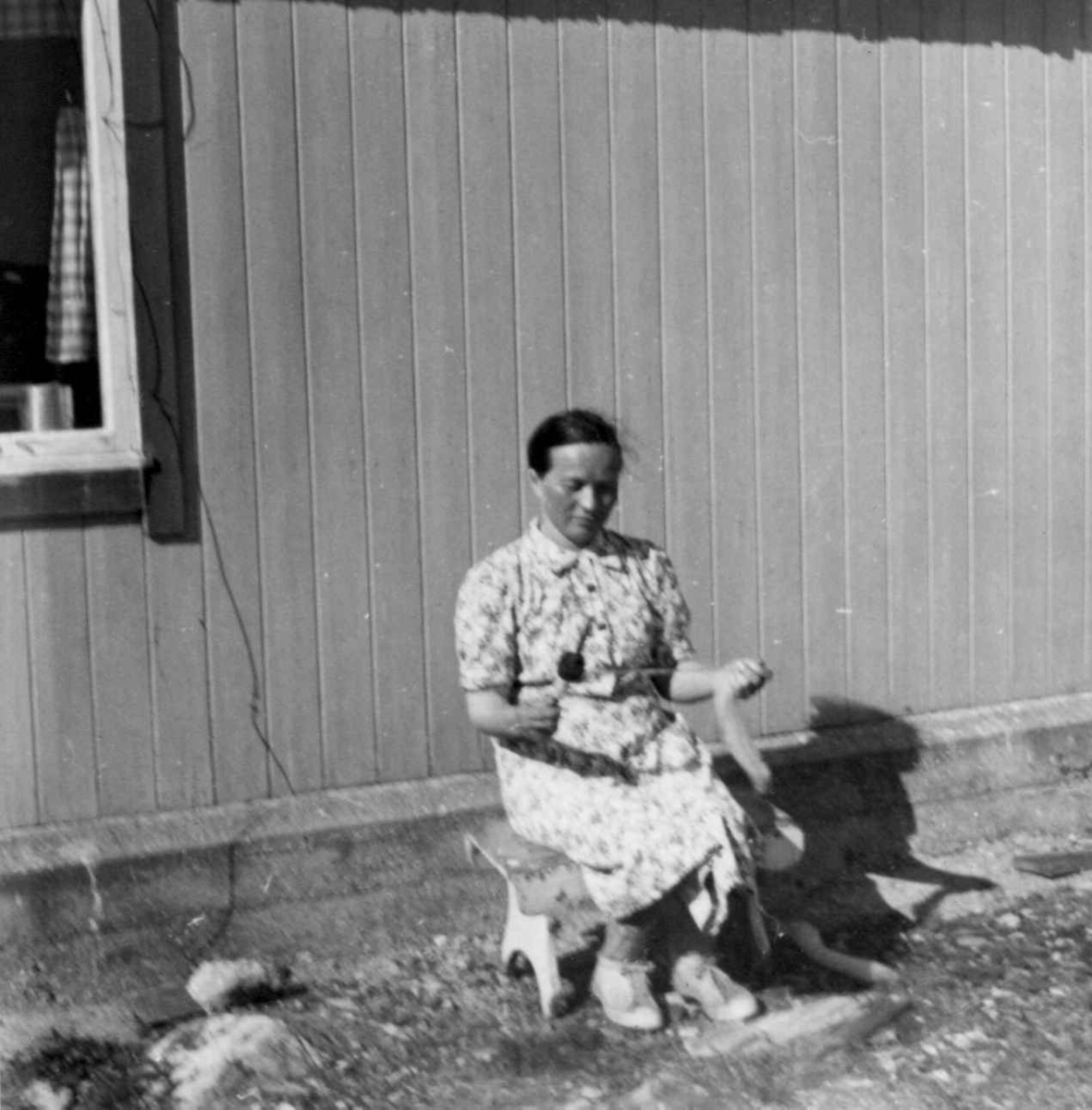 Berta Hansen demonstrerer spinning med håndtein. Langfjordnes / Goalsevuohppi, Gamvik, Finnmark. 1952.
