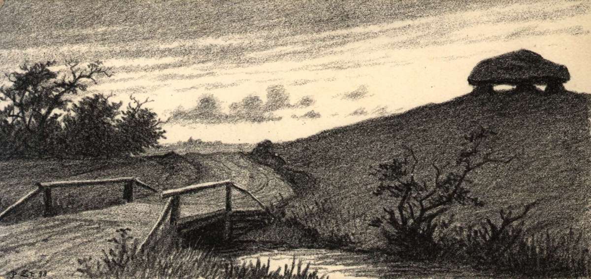 Postkort. Jule- og nyttårshilsen. Tegning i svart/hvitt. Landskap med gravhaug. Elv med bro over bekk. Datert 23.12.1898.
