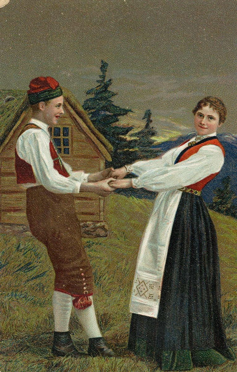 Postkort. Jule- og nyttårshilsen. Sommermotiv. Landskap. Par i folkedrakt. Datert 1902.