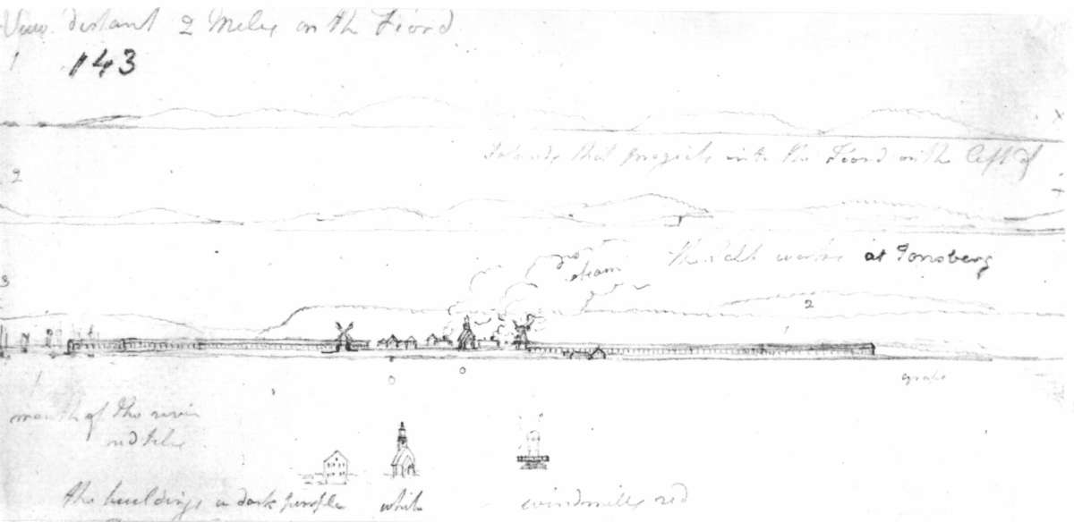 Vallø saltverk  Tønsberg - Vestfold
Fra skissealbum av John W. Edy, "Drawings Norway 1800".