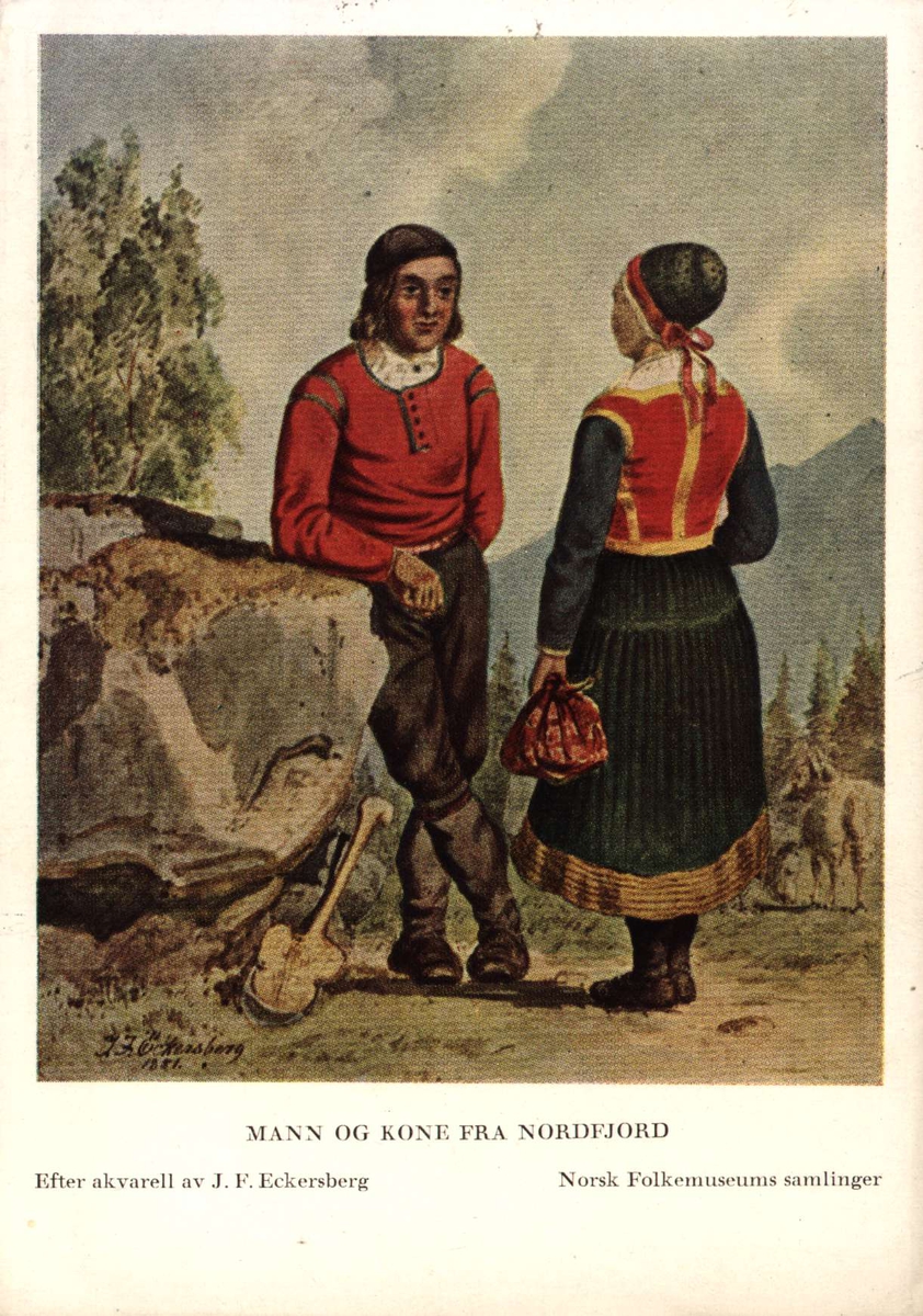 Postkort utgitt av Norsk Folkemuseum. Etter draktakvareller fra  JF Eckersberg. Mann og kone fra Nordfjord.