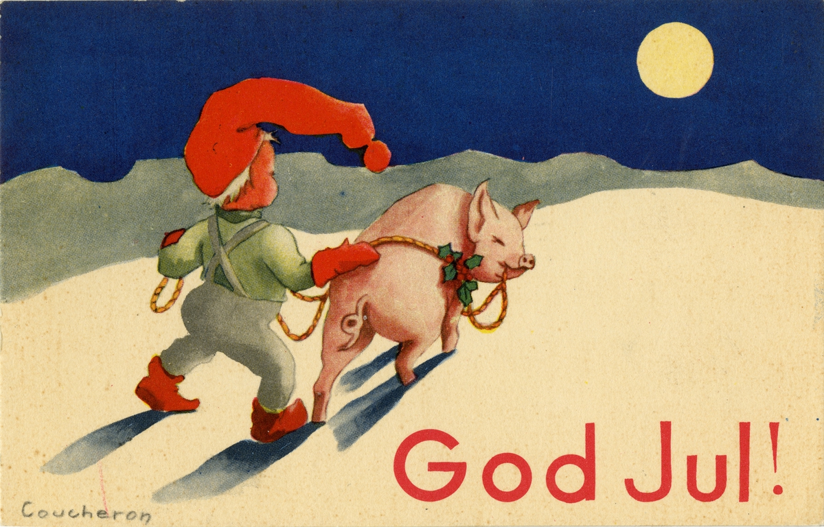 Postkort/julehilsen. Gutt med nisselue leier gris pyntet med kristtorn. Motivet er tegnet av Anne Eline Coucheron. Kortet er poststemplet 25.12.1941.