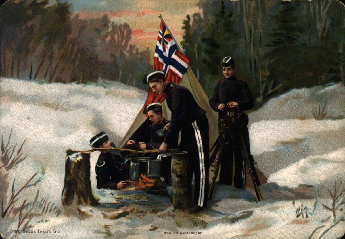 Postkort. Jule- og nyttårshilsen. Vintermotiv. Skog. Soldater rundt et bål.Telt. Flagg. Datert 23.12.1899.