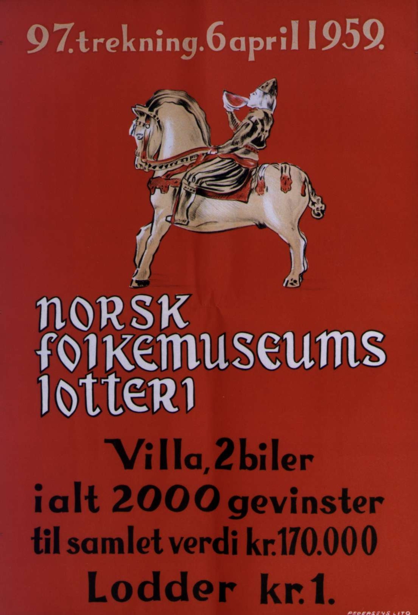 Plakat. Lotteri på Norsk Folkemuseum i 1959.