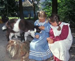 Barn i drakter på besøk hos geitene i friluftsmuseet år 2002