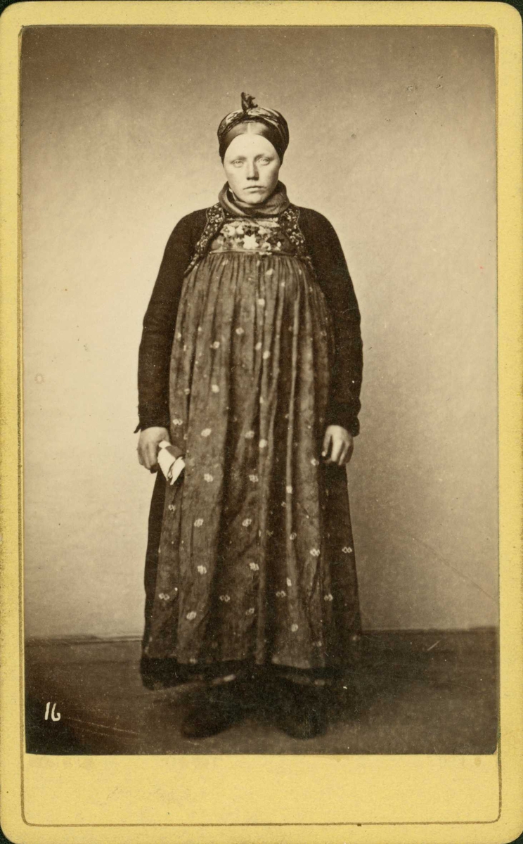 16. Kvinnedrakt, jentedrakt fra Hallingdal, Buskerud.  Portrett av kvinne  stående i fotoatelier. Visittkortformat.