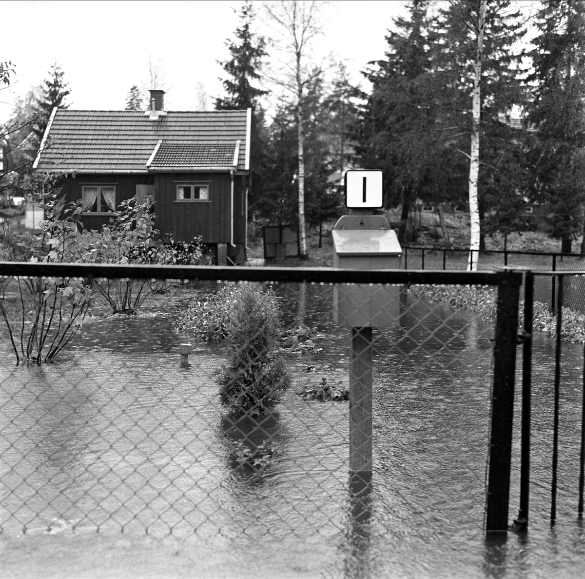 Flom på Høybråten. Oslo 14.10.1964. Hus ved vann med gjerder