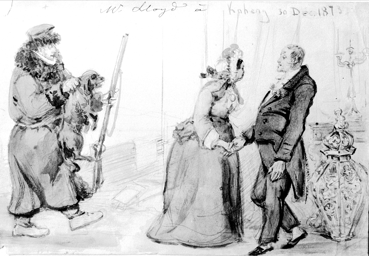 Till vänster en man iklädd lång rock med pälskrage och en pälskantad mössa. I ena handen håller han en hund i nackskinnet, i den andra ett gevär. "Lloyd". Till höger ett samtalande par. "Koberg 30 Dec. 1873". Av Fritz von Dardel.