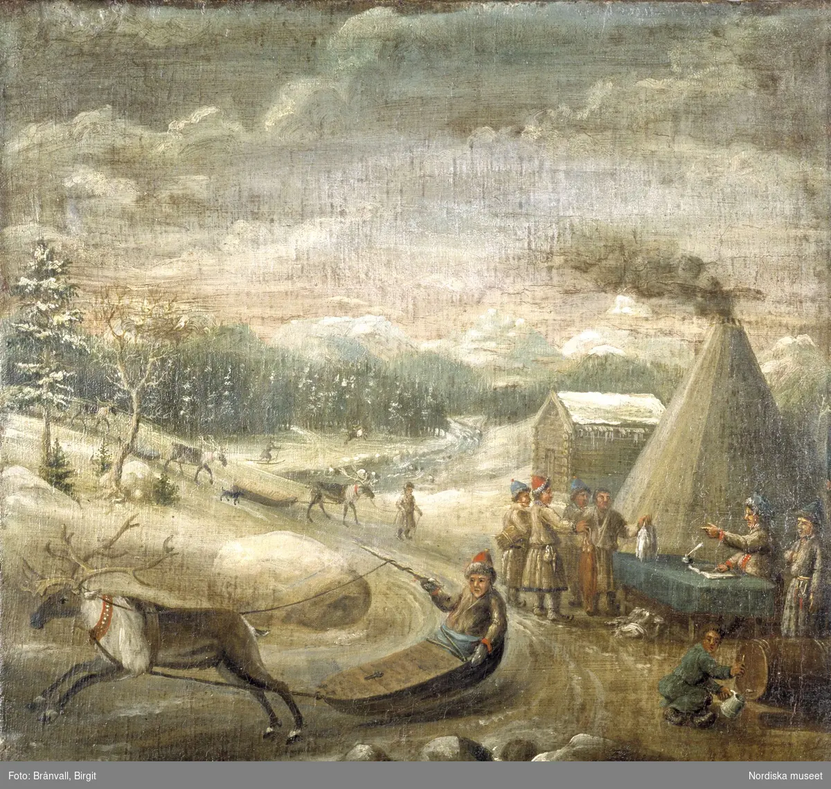 Skatteuppbörd hos samerna. Oljemålning, tidigt 1700-tal. Nordiska museets föremål inv.nr 205882.