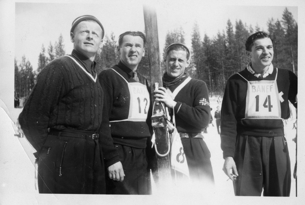 Kongsbergløpere i USA 1949: F.v. Tormod Mobråthen, Olav Ulland, Petter Hugsted, Kjell Stordalen