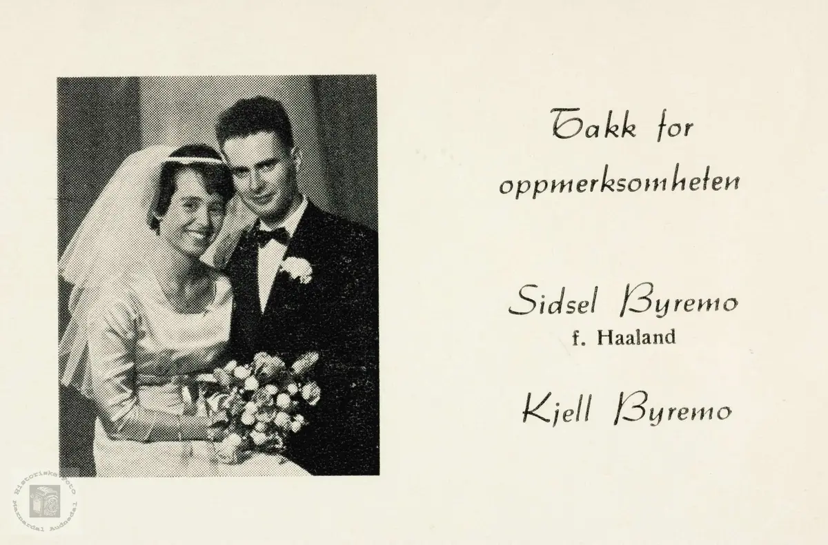 Takkekort fra brudeparet Sidsel og Kjell Byremo, Grindheim.