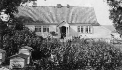 Torval J Stokkas hus: jærhus, i forgrunnen en hekk og bikube