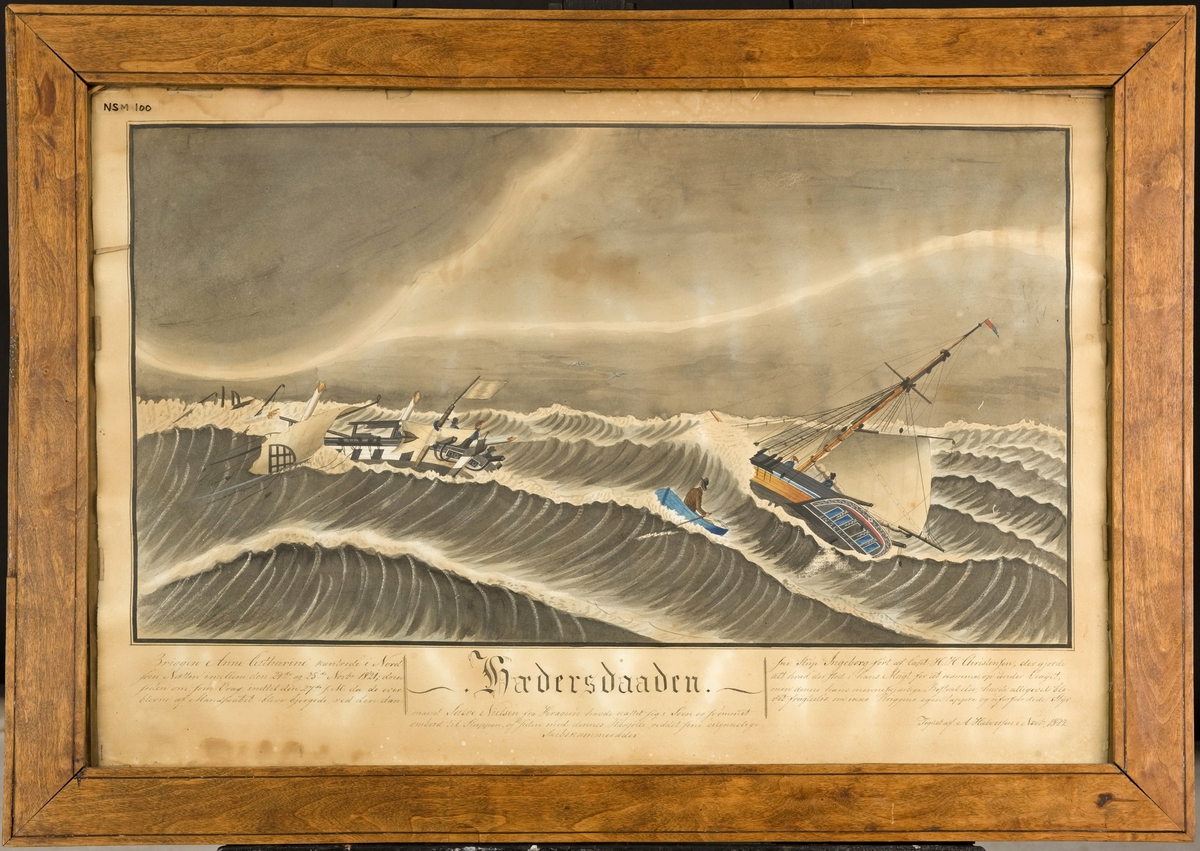 Forestiller briggens redning ved den danske slup efter forlis i Nordsjøen 24-25 nov. 1821. Briggens styrmann Salve Nielsen svømmet ombord i sluppen og førte briggens mannskap over i sluppens båt